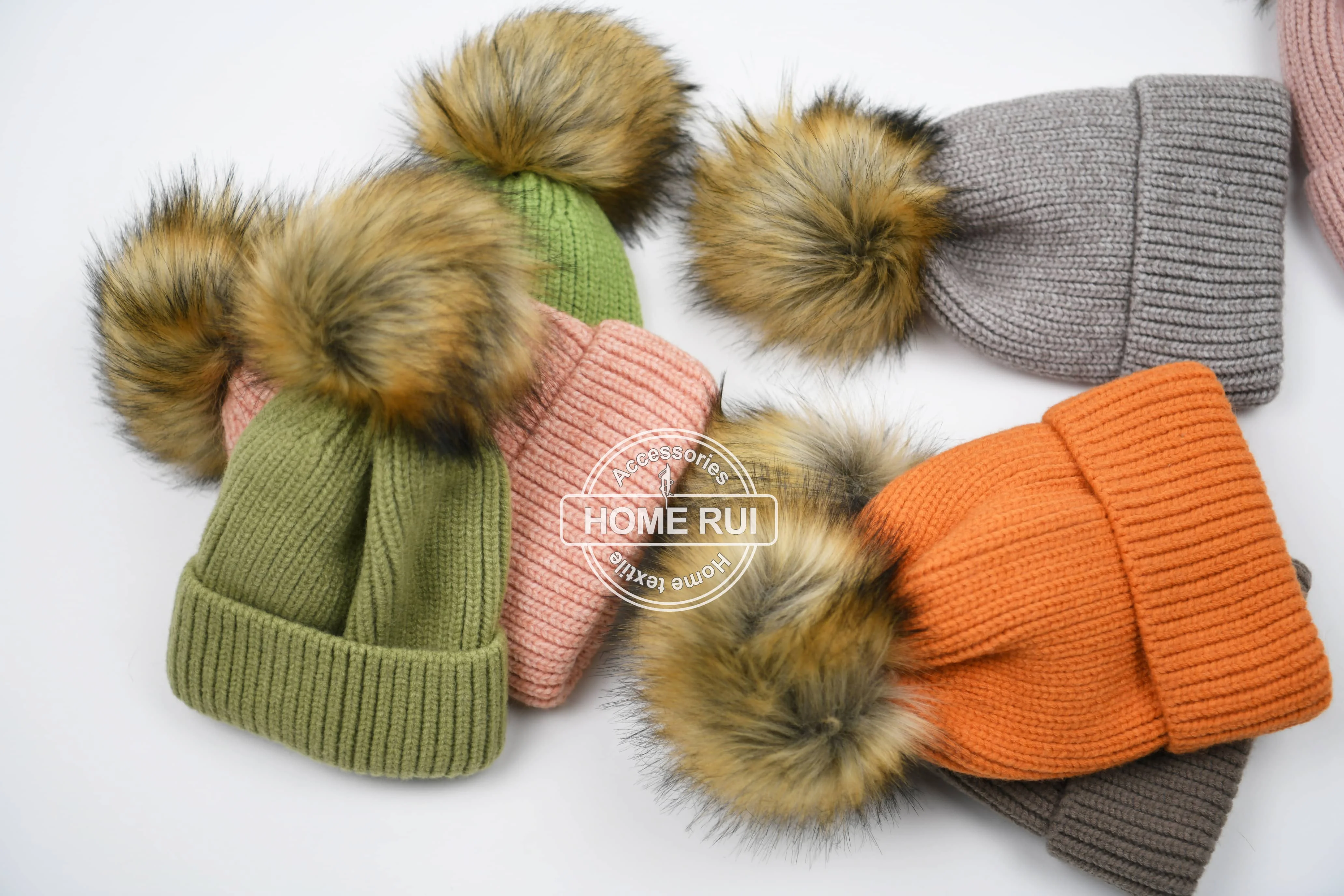 High Quality Winter Knitted Beanie Hats Warm Thick Chunky Custom Embroidery Logo With Faux Fur