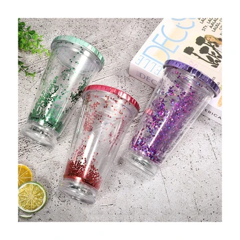 16oz Plastic Double Wall Glitter Tumbler with Lid & Straw - Ideal for  Business Gifts and Parties, Eco-Friendly Drinkware