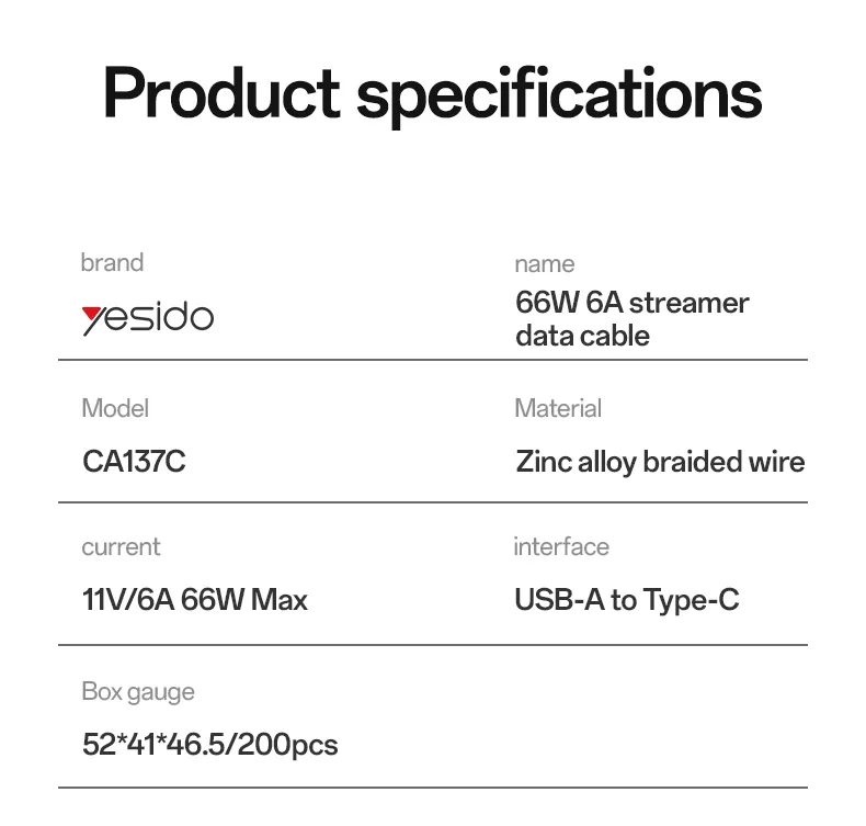 Yesido 1.2 Meter 66W Fast Charging USB to Type-C Streamer Light Support CarPlay Zinc Alloy Data Cable CA137C
