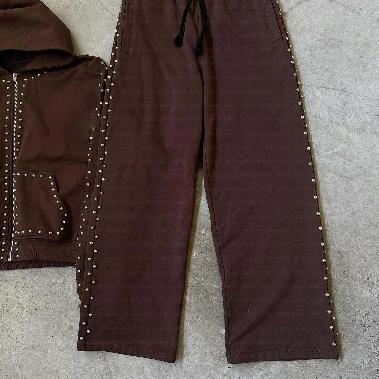 Custom Men Winter Zip Breathable Hoodie Jogger Sweatpants Blank Embroidery Tracksuit Rivet Lightweight Flared Stacked Unisex gallery 4