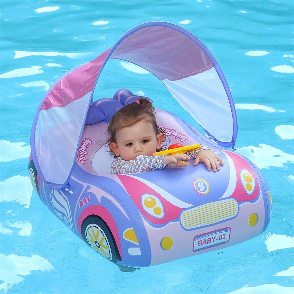 Swimbobo Kids Inflatable Car Swimming Seat Boat Floating Toddler Water Toy Steering Children Swim Pool Float Ring With Canopy