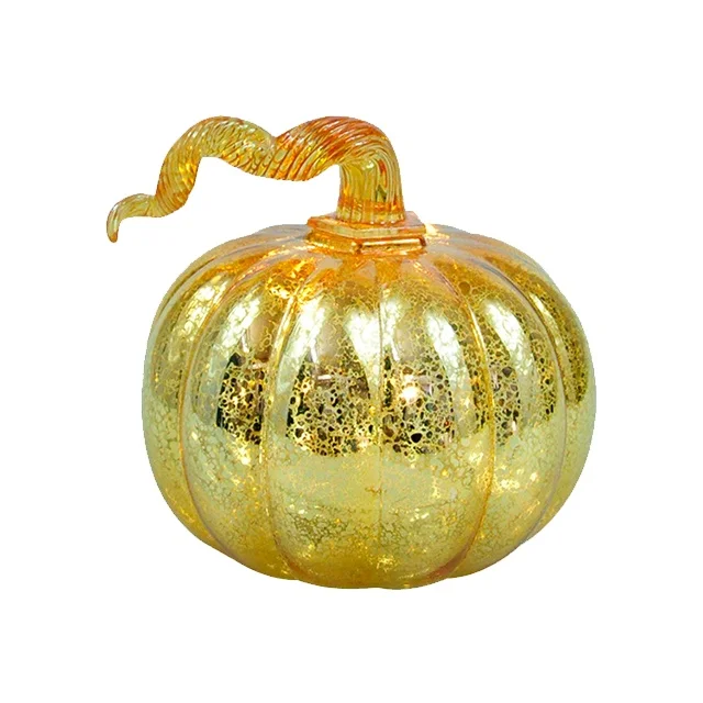 Led light up clear yellow hand blown glass Halloween pumpkin ornament decor for sale supplier