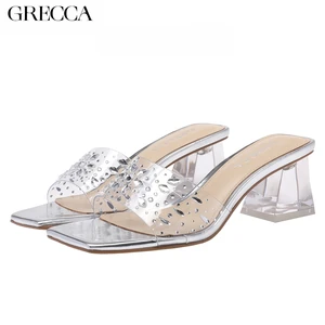 GRECCA Women's Large Size Square Toe Sandals Transparent Rhinestone High-Heeled Shoes for Summer Temperament Outerwear Thin Heel