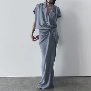 Wisrise Fashion Customize Design High Quality Women's Slate Blue Satin Lapel Asymmetric Hem Wrap Maxi Dress