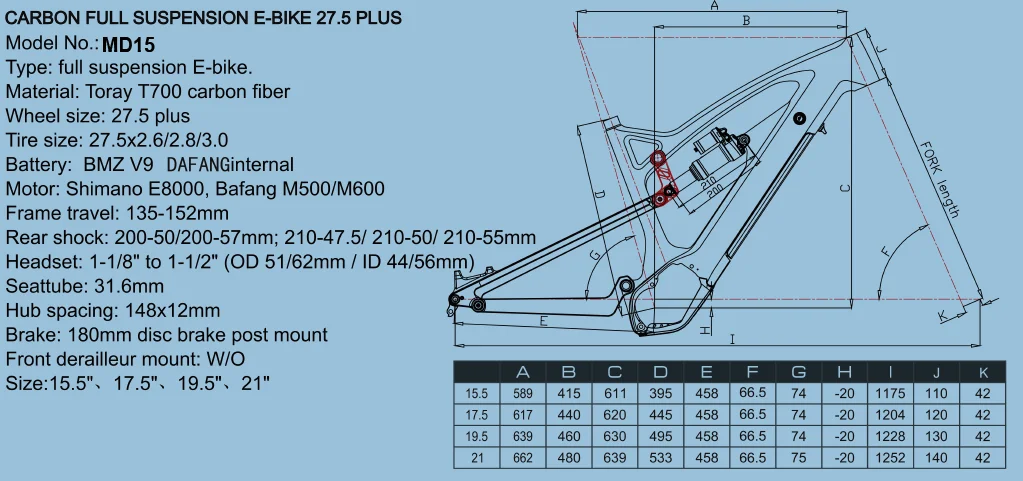 High-Modulus for Toray T700 T800 27.5er Full Suspension MTB E-Bike Frame with SHIMANO M8000 Motor System Internal Cable Routing