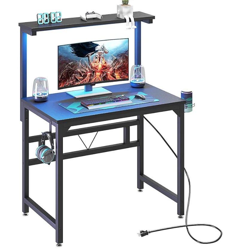 LED-Lit Gaming Desk with Overhead Shelf & Cable Management