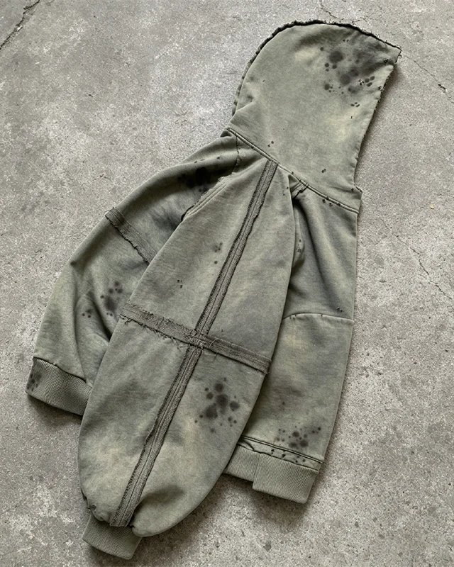 Custom Gree Oversize Heavyweight Cotton Acid Wash Sun Fade Rip Distress Zipper Zip up Casual Hoodie for Men gallery 3