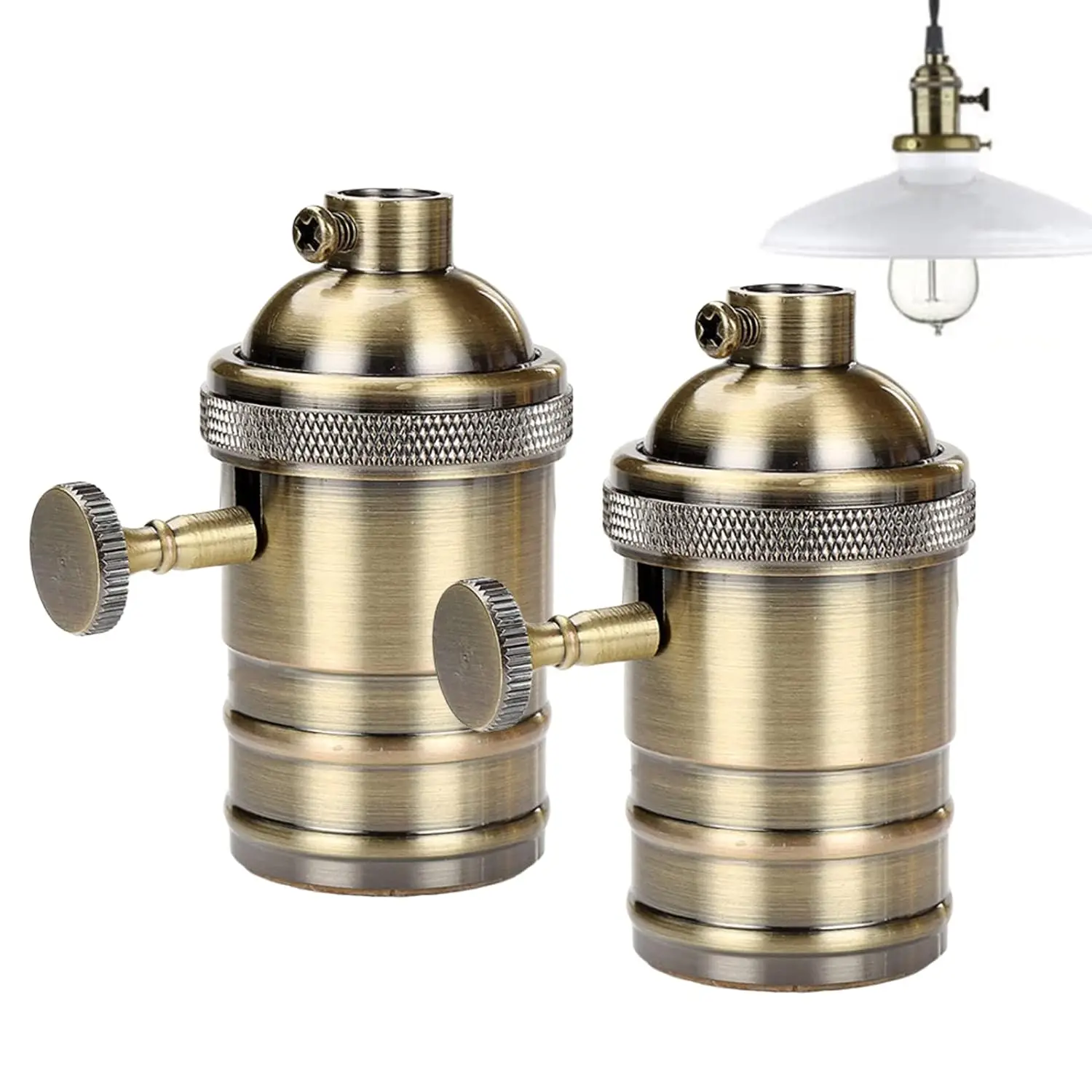 E26 Base Lamp Socket With 1/8ips Cap and Set Screw Antique Brass Finish Vintage Lampholder With Knob