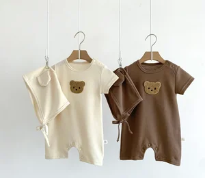 Baby Unisex Summer Waffle Character Print Short-Sleeved Jumpsuit Outerwear