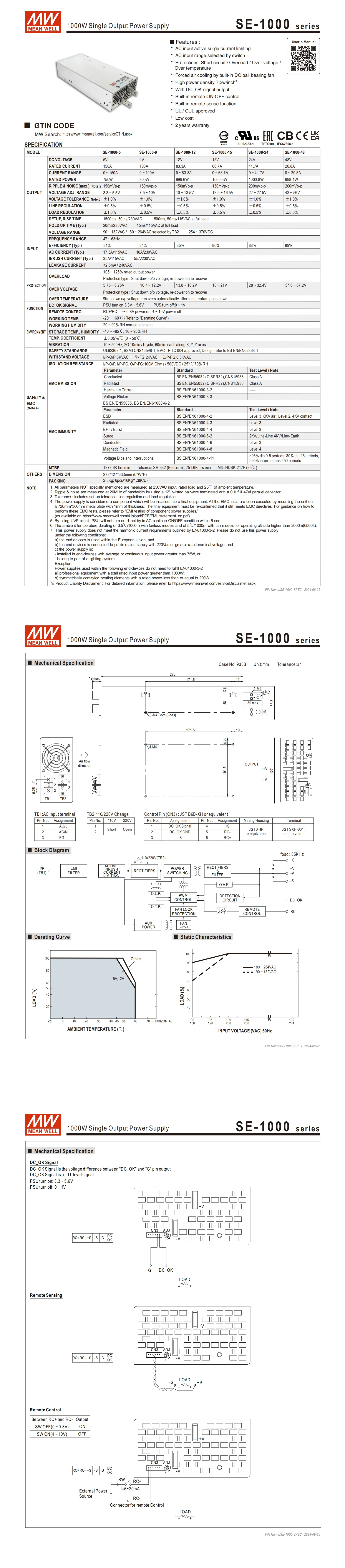 Mean Well SE-1500-12 1500W 48V 300A 89% Efficiency Short Circuit/Overload Protection Single Industrial Switching Power Supply
