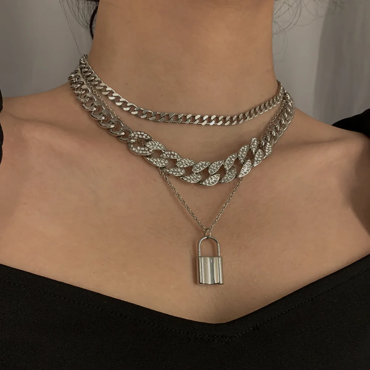 Kercisbeauty Miami Cuban Link Chain Choker Lock Charm Necklace for Women  and Girls Multi Layered Boho Jewelry Egirls Eboy Emo Jewelry (Silver)