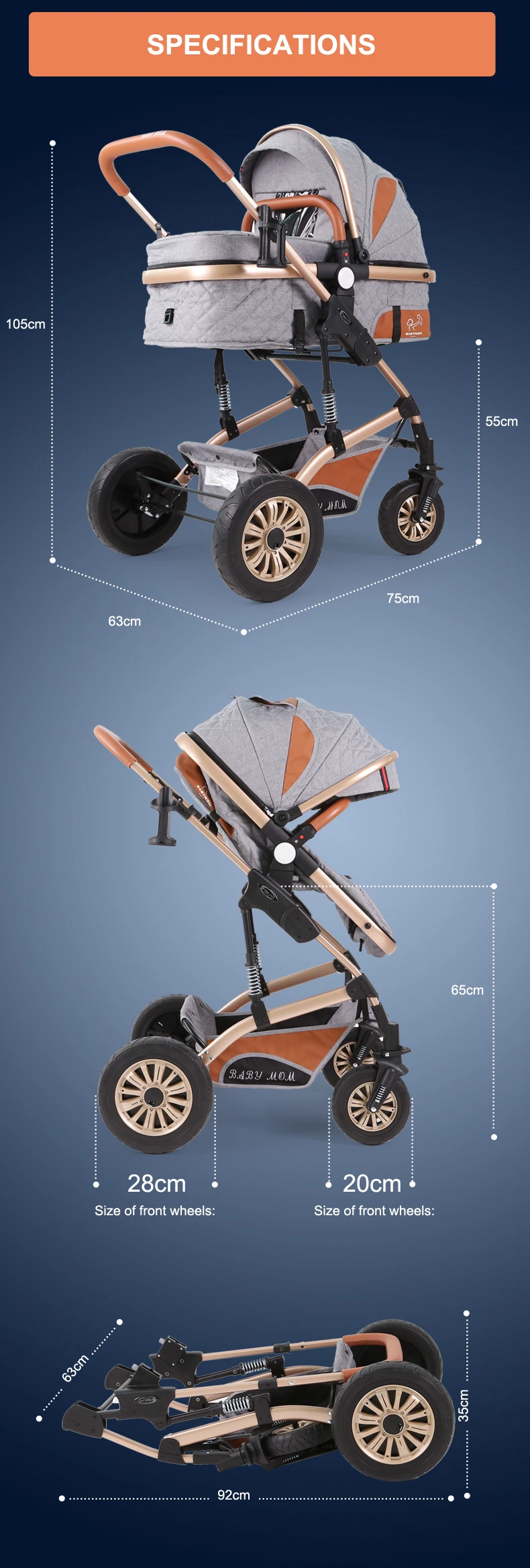 Luxury 3-in-1 Multifunction Baby Stroller with Removable Carry Cot Pram Wholesale Option