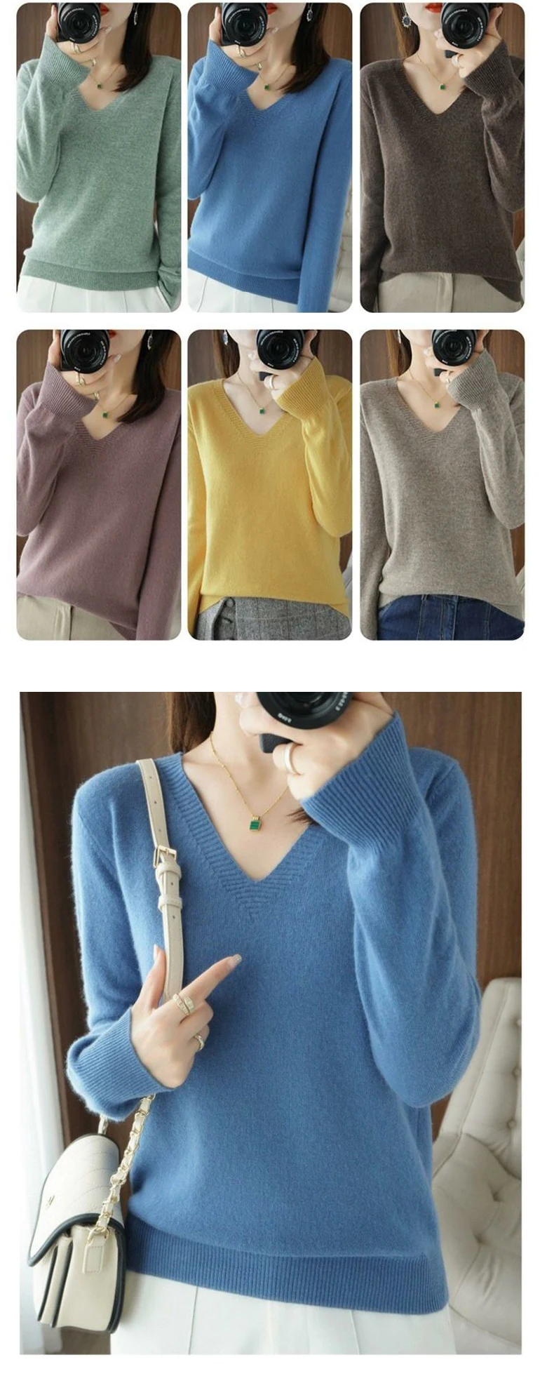 Autumn Winter Loose Knitted Pullover Short Solid Color Long Sleeves ...