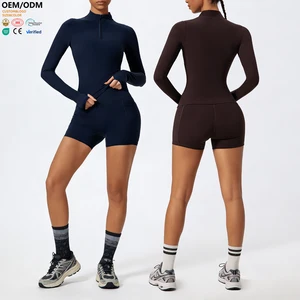 XW-XTTZ705-1 Women Solid Pattern Outfit Breathable Quick Dry Gym Wear Neckline Zipper Jacket High Waist Seamed Short Set Yoga