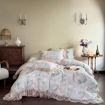 French Style Green Digital Printing 4pcs Home Hotel Textiles Ruffles Comforter Duvet Cover Designer 50S Cotton Bedding Set