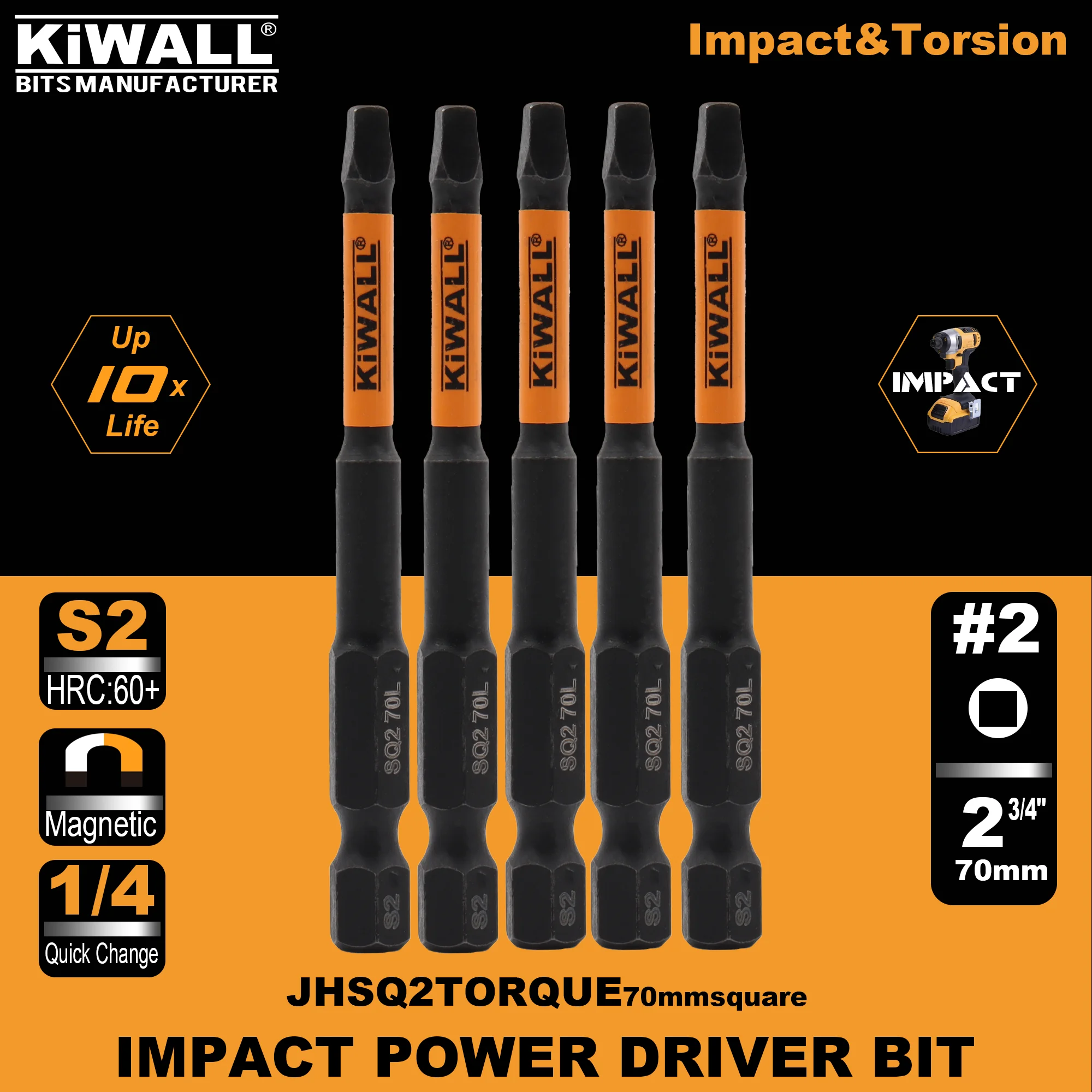 LaBear 10-Piece Robertson Square Impact Screwdriver Bit Set With Magnetizer