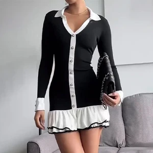 Spring Autumn Long Sleeve Simple Natural Viscose Knit Dress Elegant Solid Color Pearl Button Sweater Dress for Women