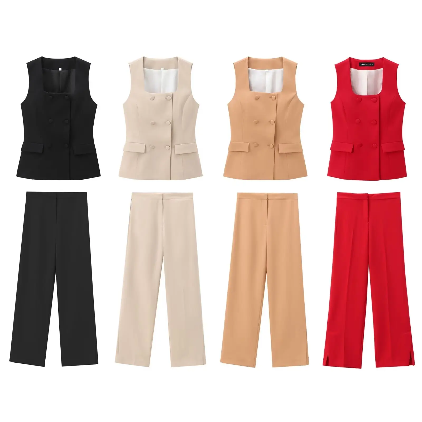 Set Woman 2 Pieces2024 Fashion Button-lined Vest Female + Straight Pants With Split Trouser Legs Women's Suit