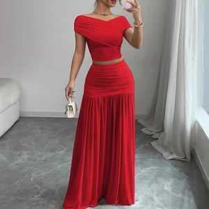 2025 Summer New Solid Off Shoulder Top Pleated Skirt Set for Beach Party Dating Women's Elegant Splicing Two Piece Outfit