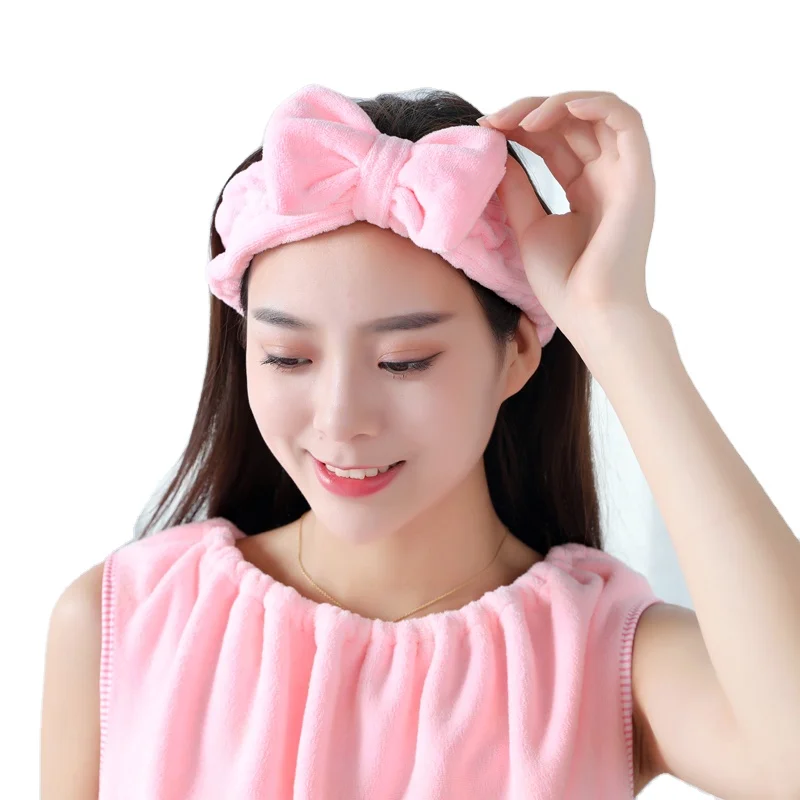 Wholesales Girls Cute Face Washing Plush Hairband Bow Coral Fleece Headband