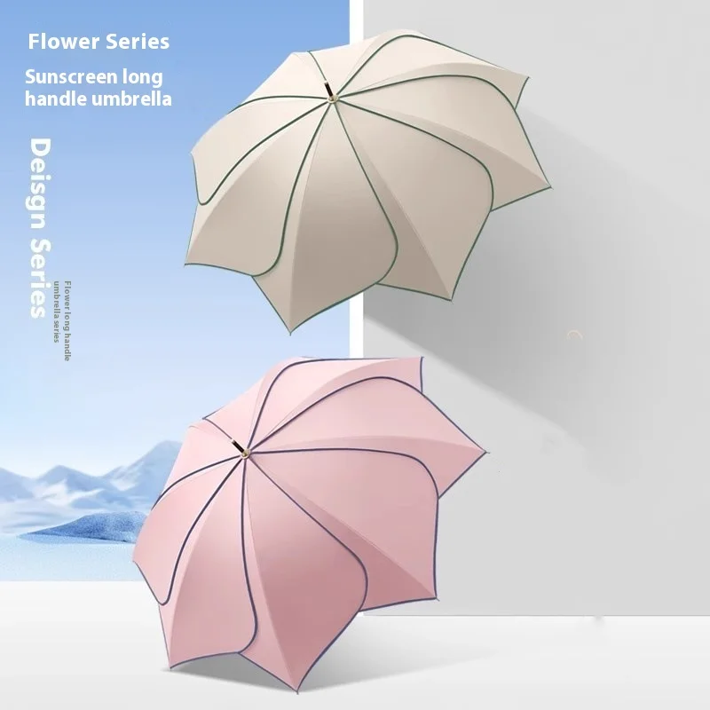 Japanese Style Automatic Wind-resistant Petal Lotus Black Glue Sunscreen Umbrella Ins Bamboo Wood Handle Distinctive Sunproof