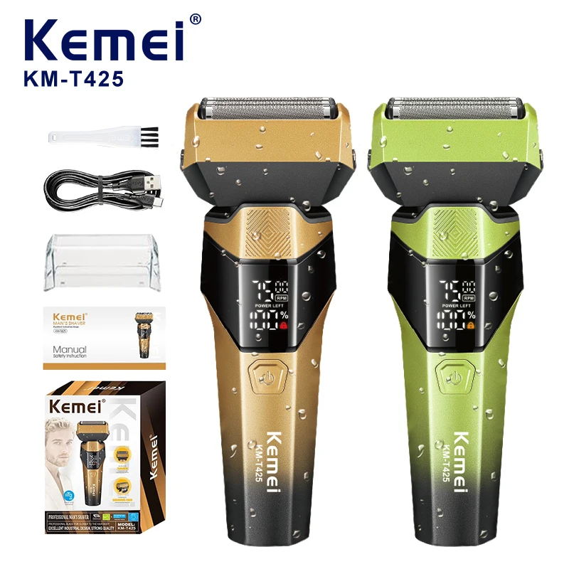 Rasoir électrique pour barbe masculine haut de gamme KEMEI Km-t425, rechargeable, 1200 mAh, puissance 5 W, réglage de vitesse, 7500 tr/min, 5 lames, étanchéité IPX7, fourniture de rasoir pour visage