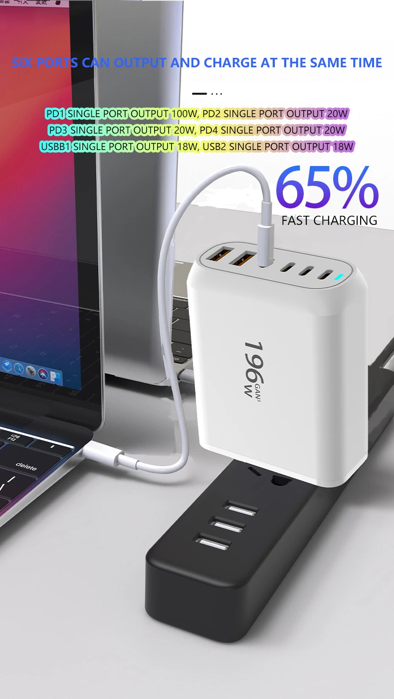 196w Usb C Gan Charger Pd Fast Charging Power Adapter 6 Ports Travel ...