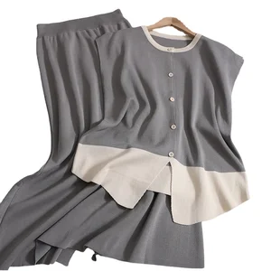 Women's Summer Casual Set Wholesale Round Neck Color Paired Button Knitted Shirt Back Split Skirt Temperament Solid Pattern