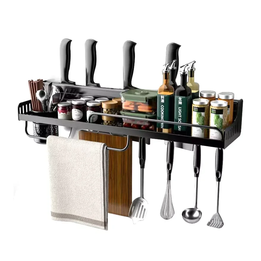 Kitchen Multi-functional Hole Free Shelf Wall Mounted Knife Holder ...
