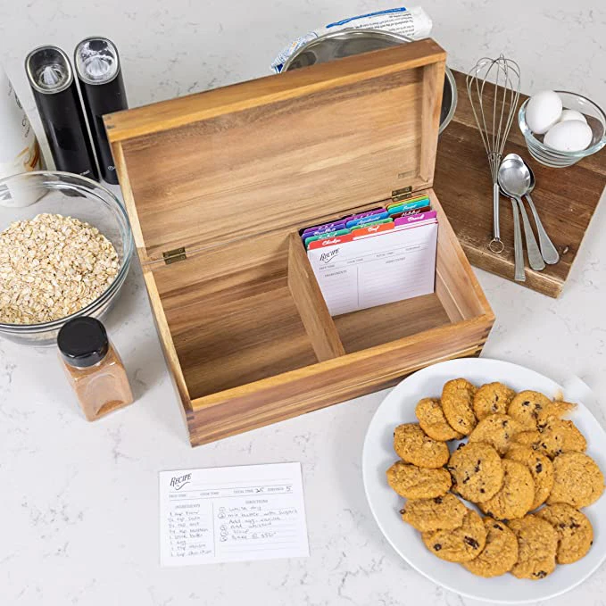 Kitchen Acacia Wood Recipe Box Larger Size Holds 50 4x6 Inch Cards In 2