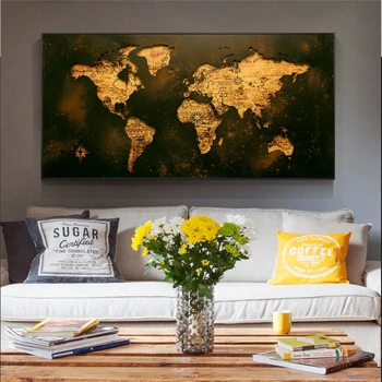 Large Retro Map Golden World Map Poster and Print Cuadros Canvas Painting Wall Art for Living Room Home Decor (No Frame)