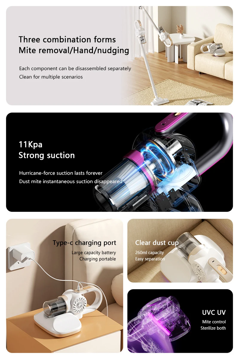 Handheld Mattress Vacuum Cleaner Powerful Deep Cleaning Machine with UV Lamp Dust Mite Sensor Bed Mattresses Vacuum 100W
