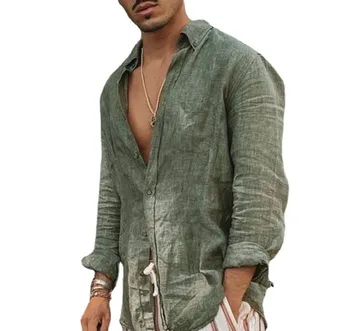 Popular casual Plus Size Men's linen Shirt loose long-sleeved lapel shirt for beach vacation