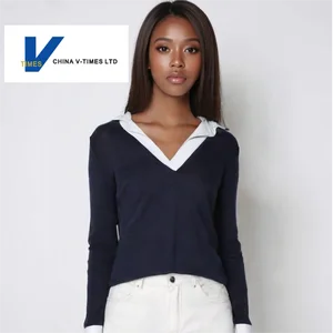 China V-Times Autumn New Design Women's Hooded Fake Two-Piece Long Sleeve T-Shirt Slim Fit Base Shirt Breathable Casual Style