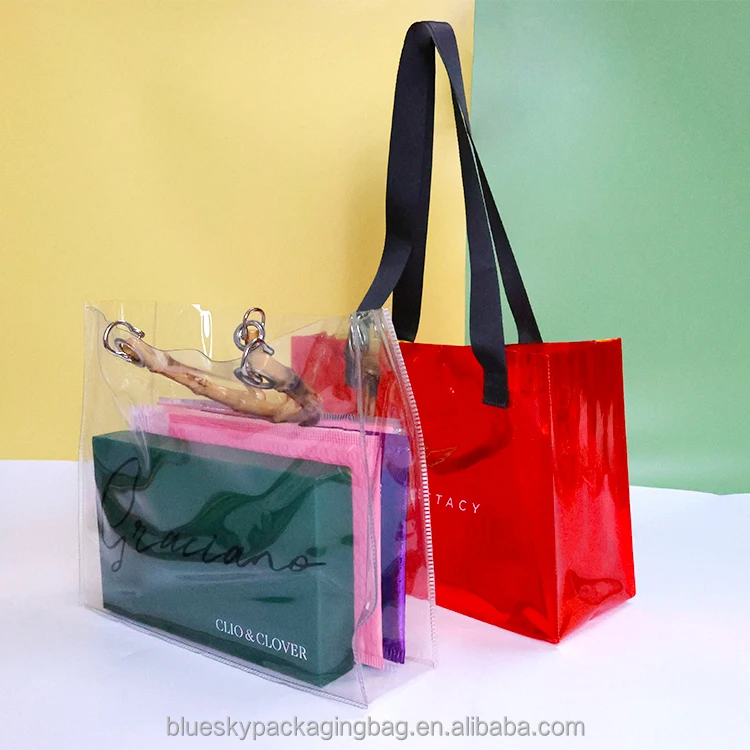 Shopping Bag Clear Bag Wholesale Wholesale Large Size Design Logo PVC  Transparent Plastic Bag Clear Gift Packaging Bag With Handle