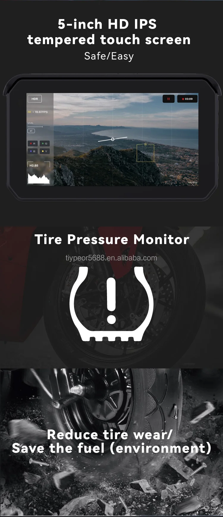 product tiypeor gps navigation motorcycle ipx7 waterproof moto tpms monitor system carplay display screen portable android auto monitor-5