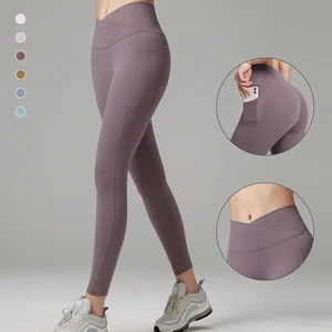 Wholesale Tummy Control Yoga Pants Cross Waist Solid Color Gym Fitness Workout Quick Dry Training Yoga Leggings With Pockets