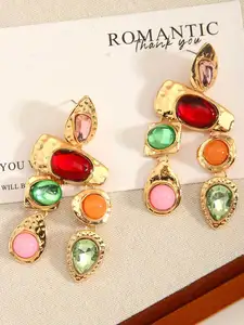 Women Vintage Geometric Stone Stud Drop Earrings Multi Colors Rhinestone Long Irregular Pendant Tassel Gold Plated Zinc Alloy