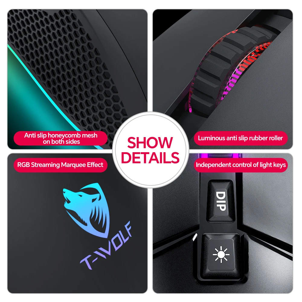 7 Key Wired Game Mouse Macro Programming 13 RGB Light Modes 7200dpi Computer Gaming Mouse