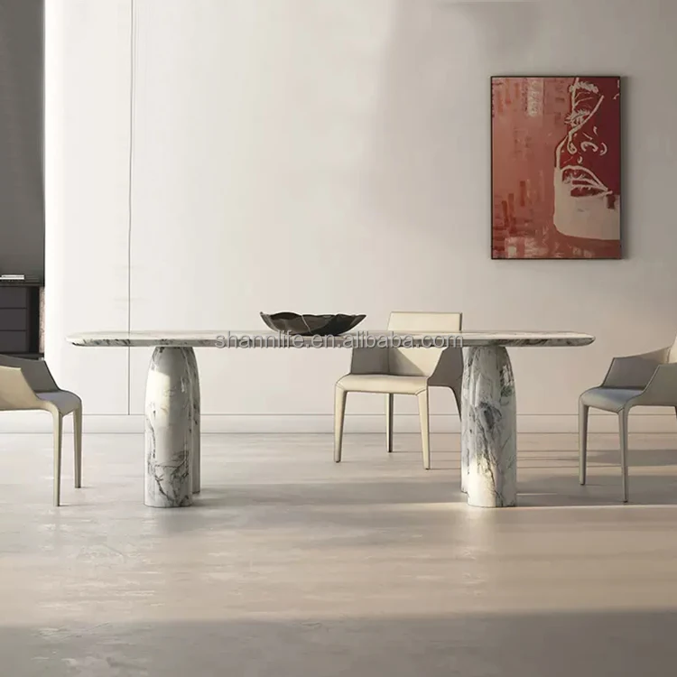 Italian Cream Marble Dining Table Round Shape Legs Natural Marble Dining Table And Chair Sets