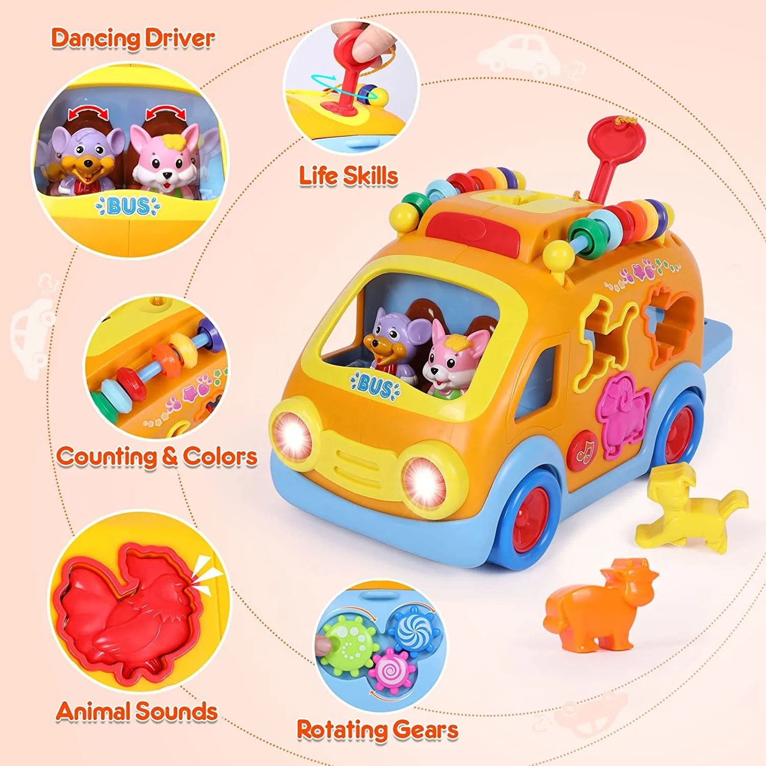 Baby Bus Toy Cartoon Musical Learning Car with Animal Blocks Educational  Shape Sorter for Fine Motor Skill and Early Development