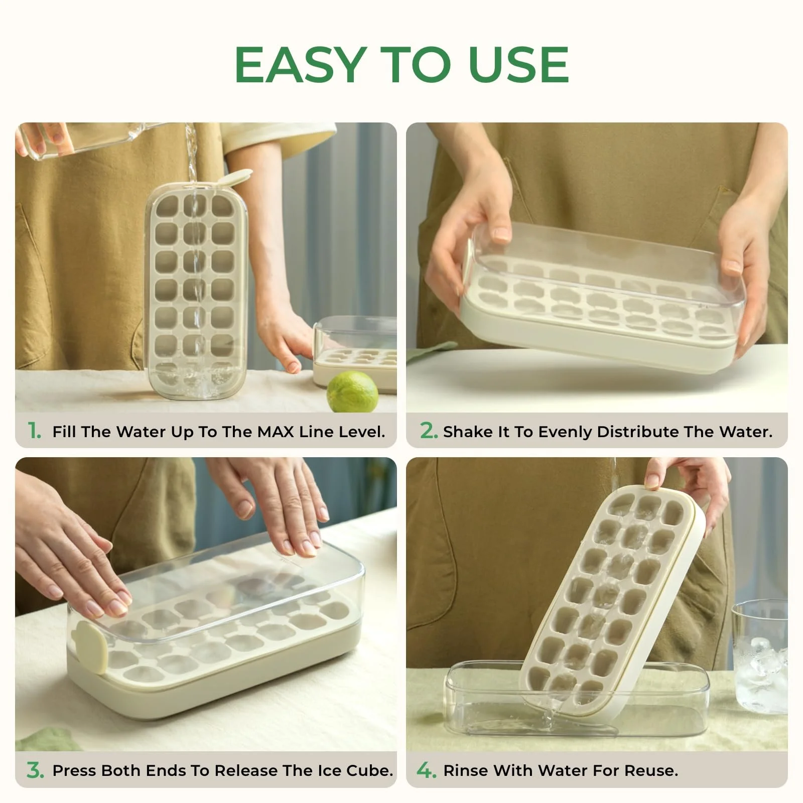 Easy Release Ice Cube Tray & Bin with Quick-Fill Mold