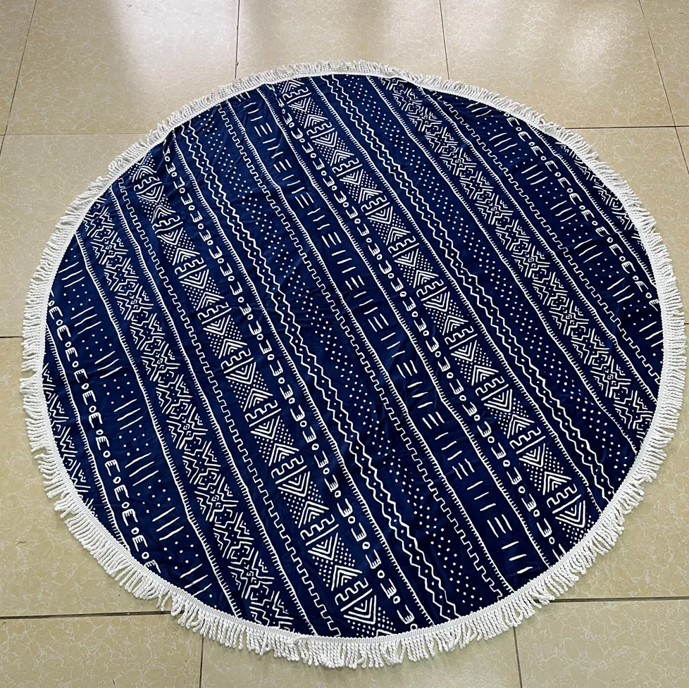 Promotional custom design super absorbent large 150cm diameter 100% cotton mandala custom round beach towel with fringes factory