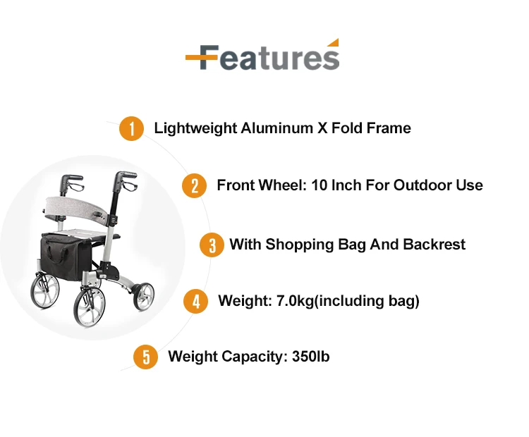 Heavy Duty Obese 202kg Walker Folding Adult Rollator Custom Logo Euro