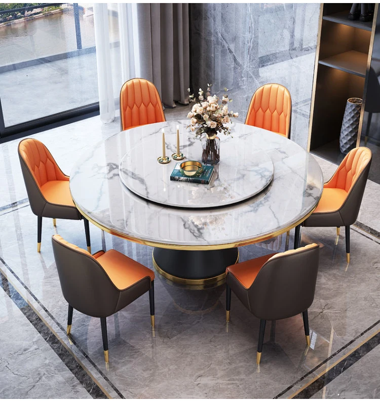 Modern Round Dining Table Set with Sintered Stone Top & Stainless Steel ...