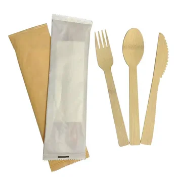 Kraft Packaging Eco-Friendly Customized Logo Biodegradable Disposable Fancy Bamboo Cutlery Set
