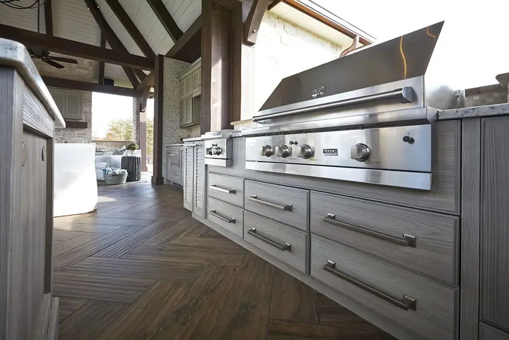 NICOCABINET High-End Custom Modular Outdoor Kitchen Cabinet MDF Stainless Steel BBQ Grill Featuring Marble Laminate Resin