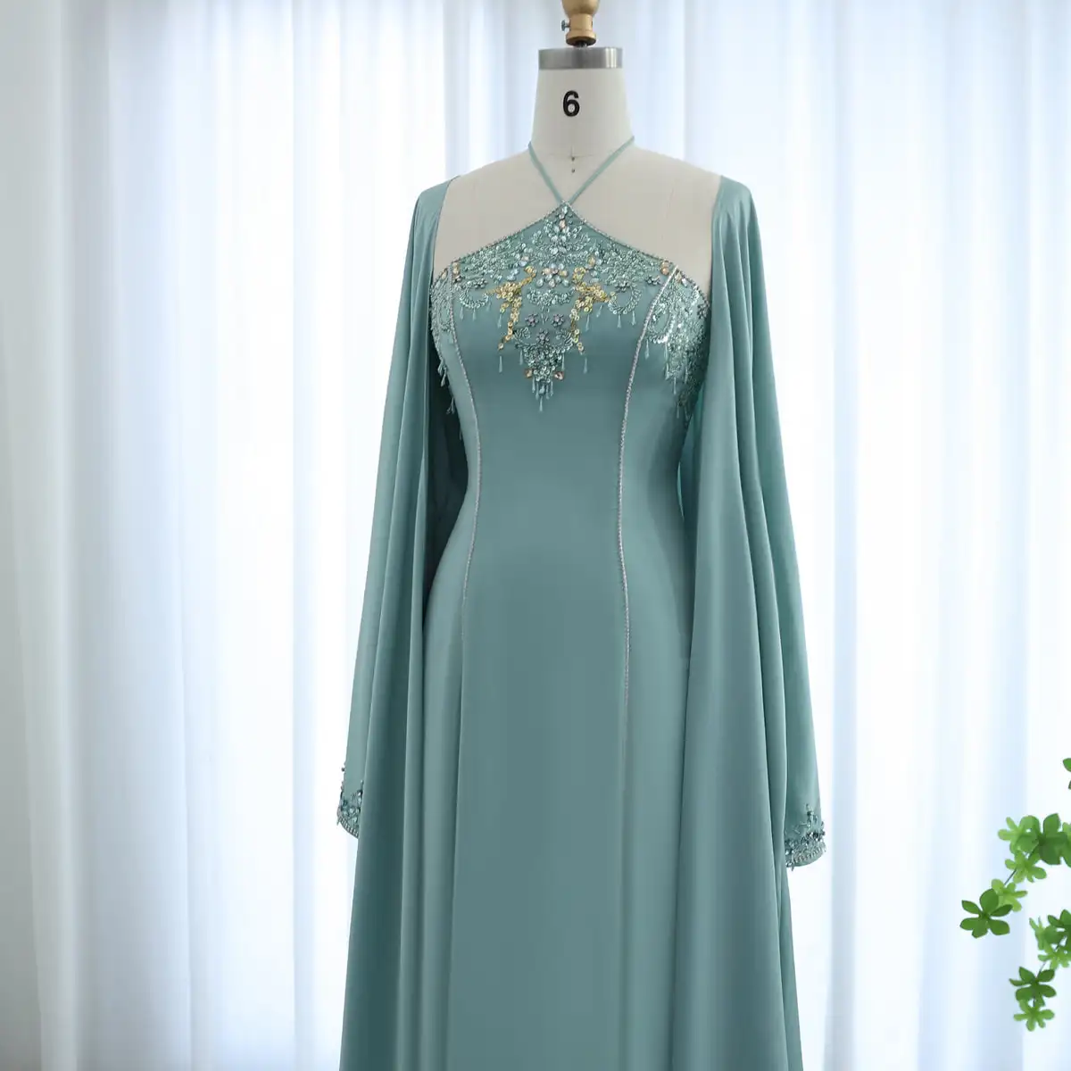 Abiti da sera con cappa Dubai di lusso donna abiti da sera verde salvia  verde con mantello per festa di nozze LSZ301