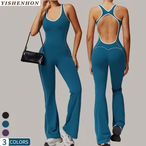 YISHENHON Wholesale Sleeveless Beauty Back Womens Yoga Jumpsuit  Plus Size Women Butt Lift Flared  Workout Sports Onepieces