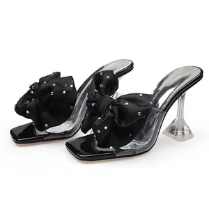 2026 Summer New Fashion Trend QuiteS Women's Little Diamond Slipper Waterproof Half High Heels Bow Slim Flip-Flops Heel Shoes